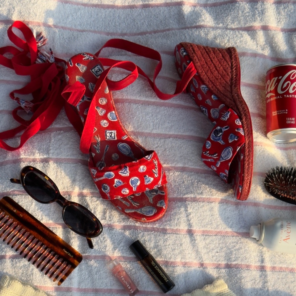 CHANEL RED ESPADRILLE WEDGES